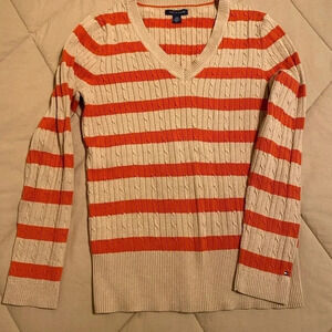 Cable Stripe Knit V Neck Long Sleeve Sweater by Tommy Hilfiger Women Size Large